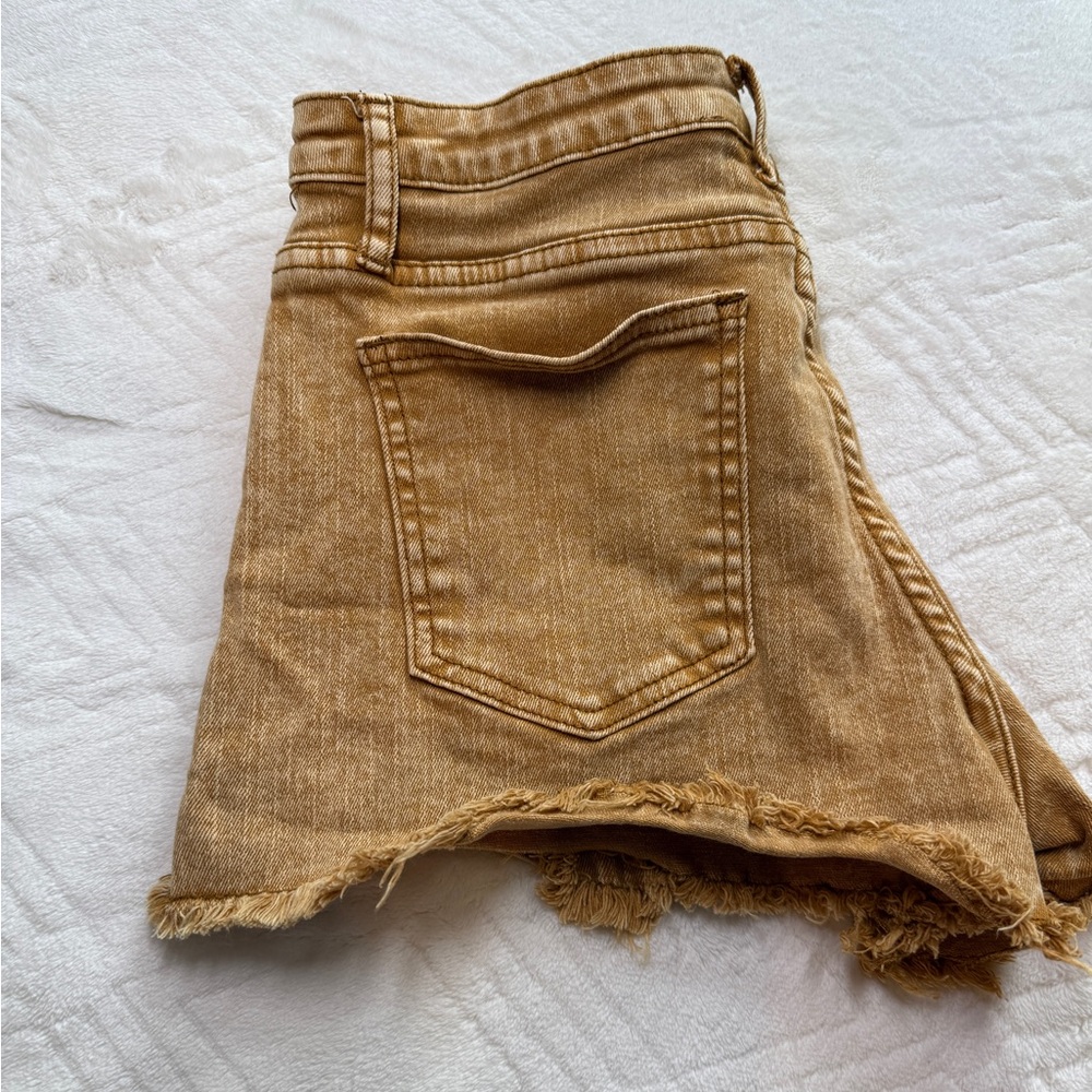 Tan Frayed Hem Denim Shorts